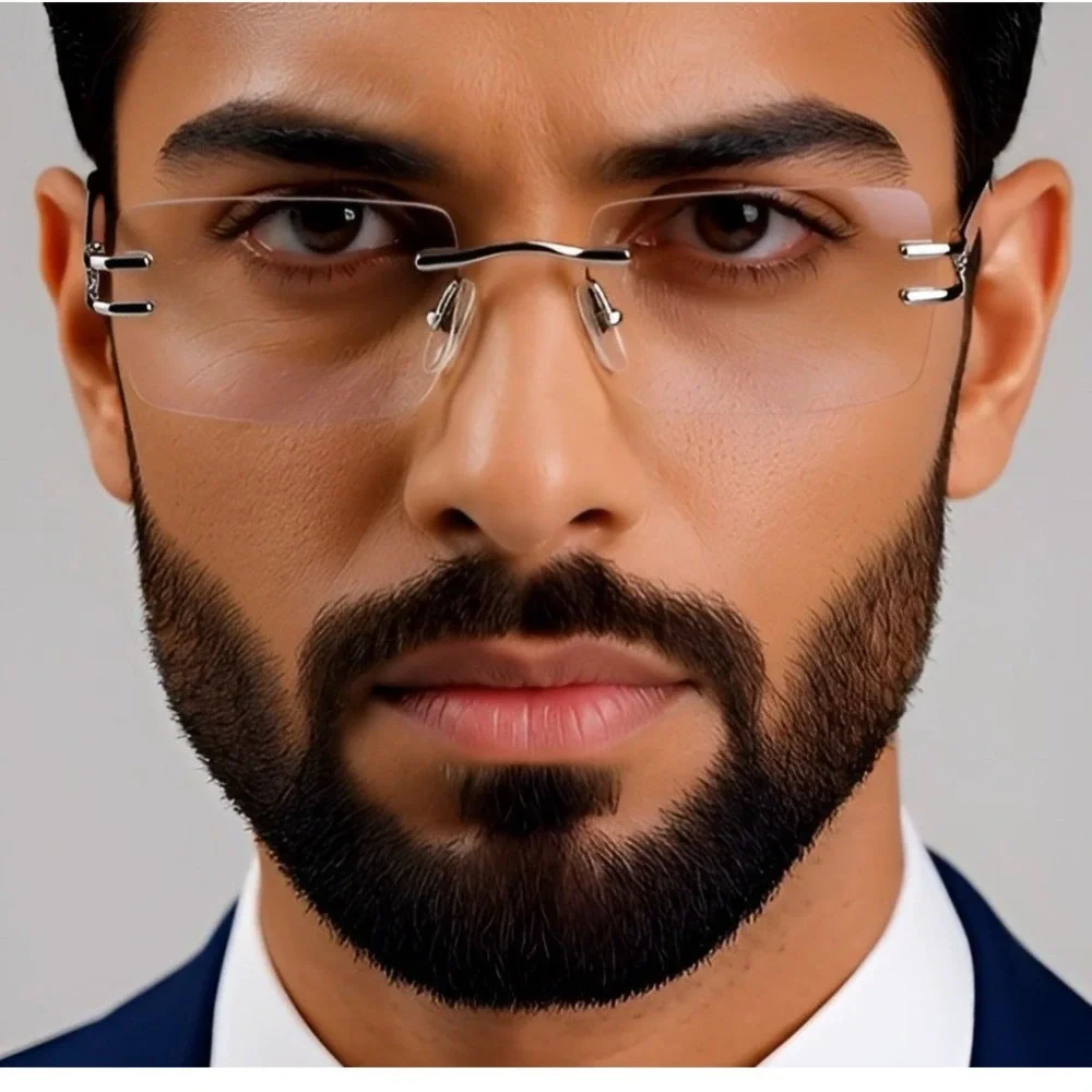 Rimless Rectangle Sunglasses Men Silver‎ Frame Clear Lens Fashion Eyewear Lentes
